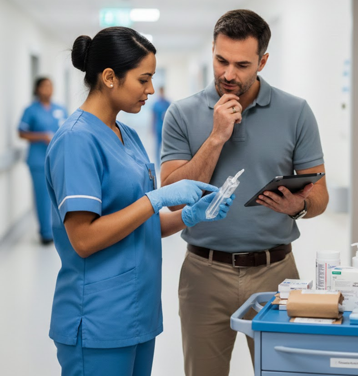In a bright hospital hallway, a female healthcare worker in blue scrubs and gloves points to a clear IV bag while talking to a man in a grey polo shirt holding a tablet. They stand next to a medical cart topped with various supplies.